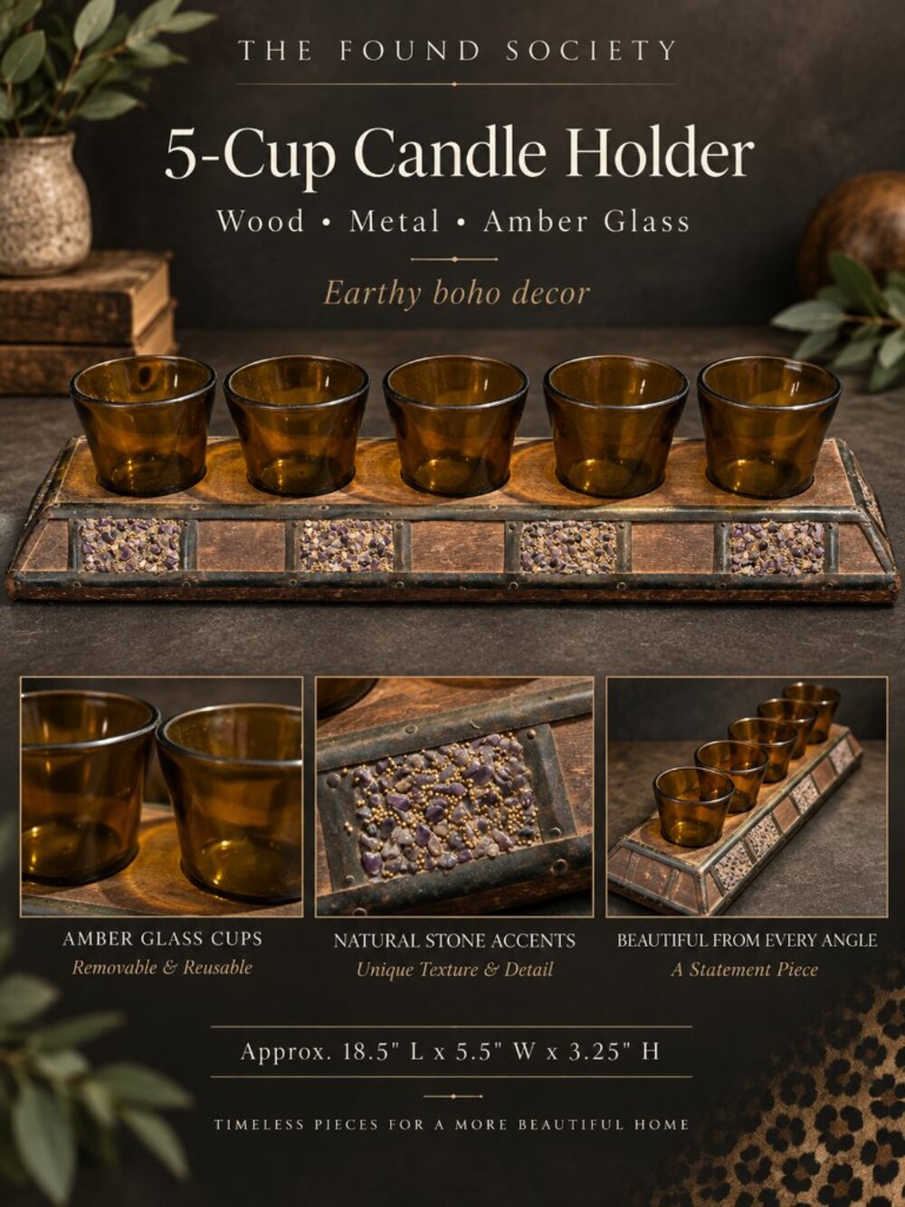 Boho Amber Glass 5 Votive Candle Holder Wood Metal Stone Accent Centerpiece